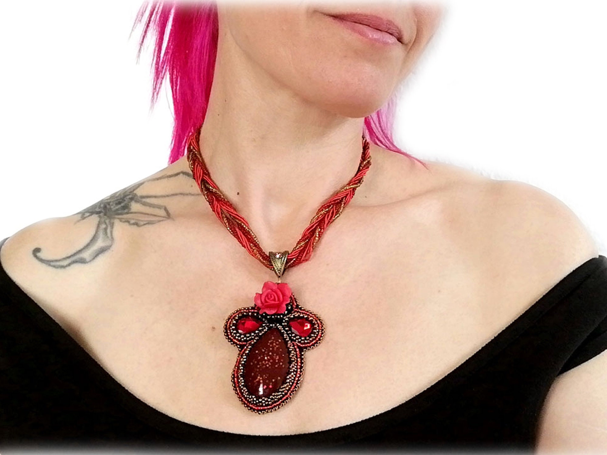 Red Necklace With Rose and Crystal Stone Etsy UK