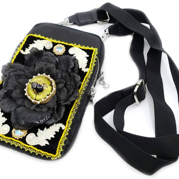 Kleine Handtasche, Handyhülle und Messenger Bag, schwarz mit Blumen