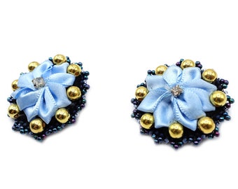 Blüten Haarspangen Set, zwei kleine Haarclips, blaue Blumen mit Gold Perlen