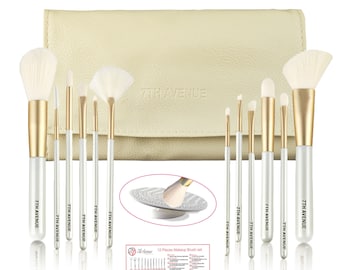 7th Avenue 12 Pieces White and Gold Makeup Brush set with Cream Carry Bag and Bonus Cleaner Mat