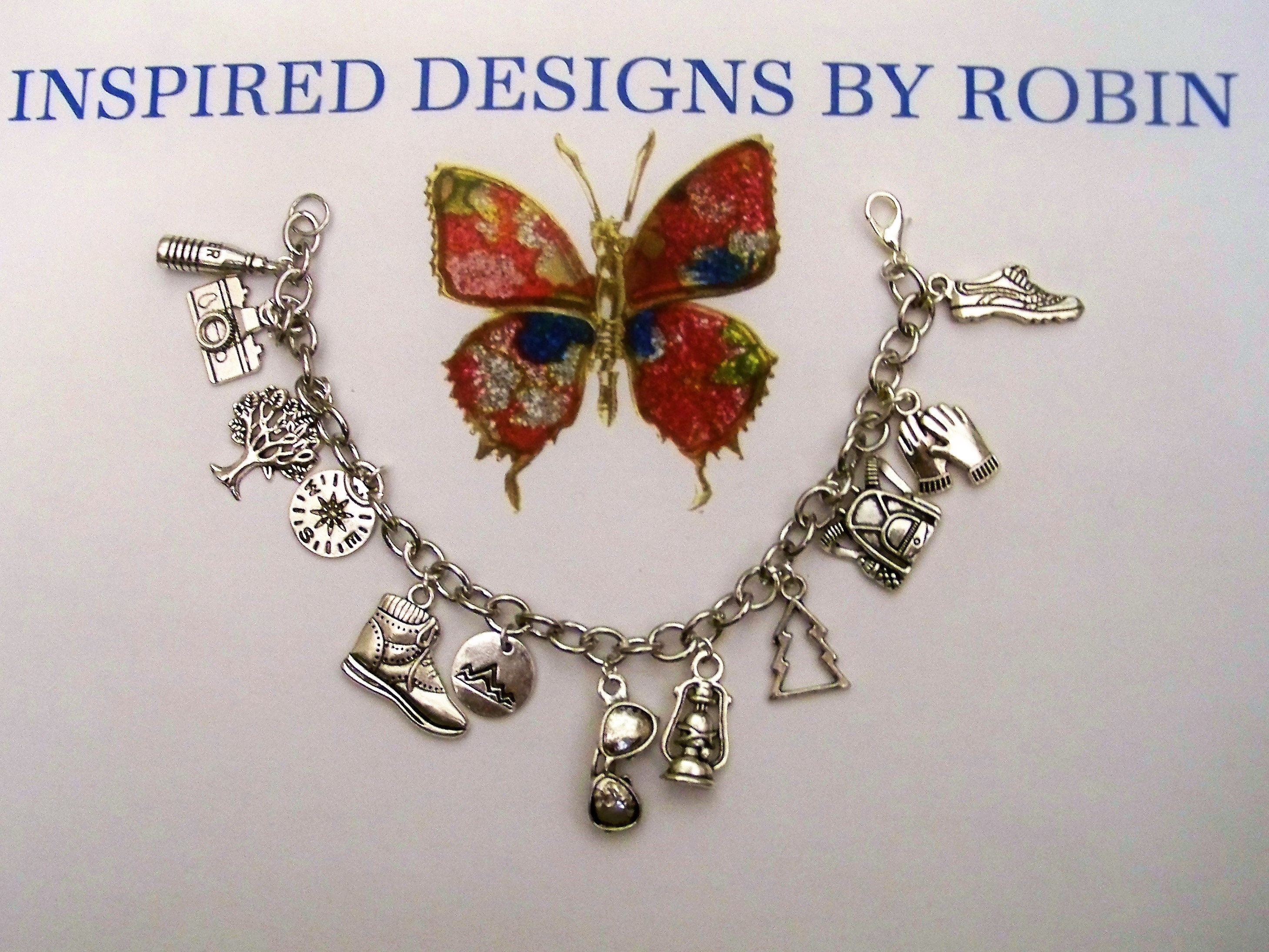 Hiking Charm Bracelet, Love being Outside, Love to hike, Camping Vacation, Hiking Bracelet, hiking Jewelry, Hiking Fun, Silver Bracelet