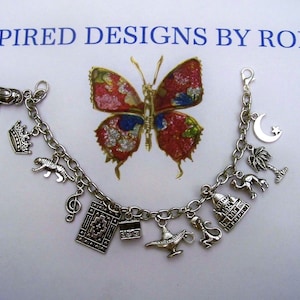 Aladdin Themed Charm Bracelet, Whole New World, Princess, Genie, Story Book Themed, Flying Carpet, Silver, Movie Themed