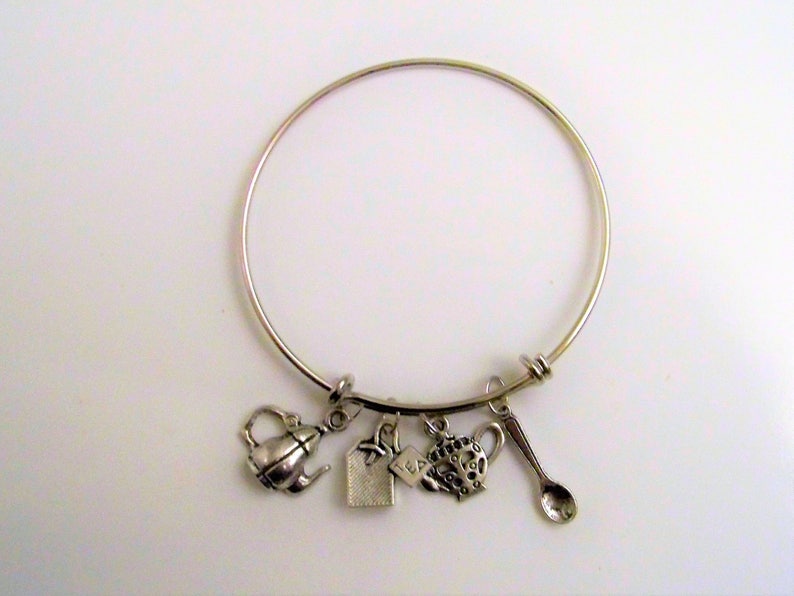 I Love Tea English Tea Time Silver Tea Time Bangle Charm Bracelet Tea Jewelry Teapots and Teacups English Tea Time Gift for Her