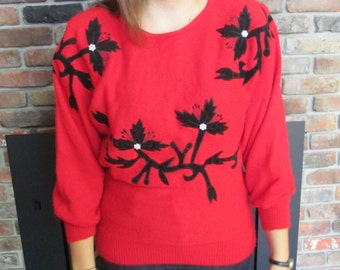 Vintage Red and Black Embroidered Floral Christmas Sweater