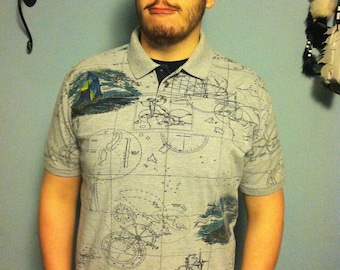 Men's Vintage Gray Polo Shirt- Nautical Pattern w/ Sailboat and Map Pattern