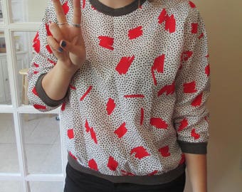 Vintage 80's Pattern White, Red, and Black Pullover Blouse w/ Repeating Black and Red Pattern Triangle Zig Zag Graffiti Pattern