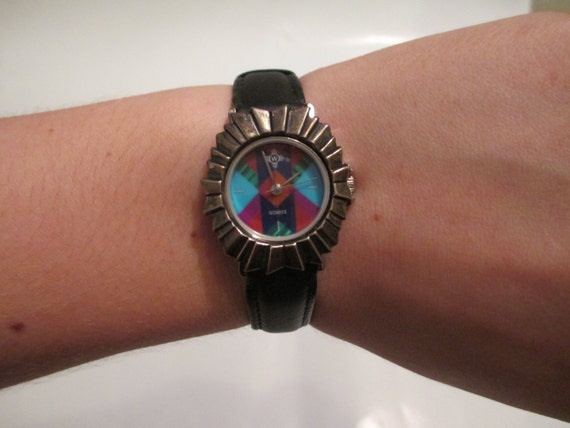 Vintage Multicolor Geometric Pattern Watch W/ Spikey Silver  display picture 1