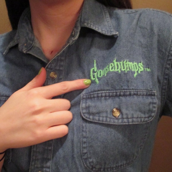 RESERVED FOR REYNA-Denim Goosebumps Long Sleeved Button Down w/ Green Goosebumps Logo Featured on Front and Back Detail
