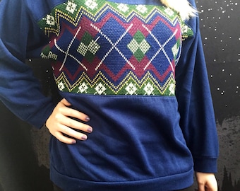 Vintage Navy Blue Geometric Pattern Crewneck Sweatshirt w/ Knit Sweater Detail SO SOFT Green, Yellow, Red, and White Accents