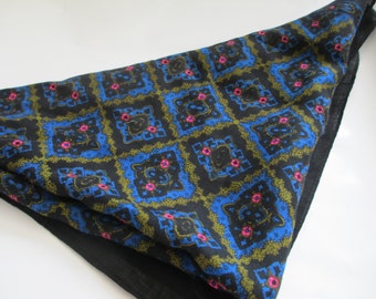 Vintage Black, Blue, Gold and Pink Geometric/ Repeating / Floral Pattern Square Scarf / Handkerchief