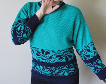 Vintage Navy Blue and Teal Floral Pattern Crewneck Sweater w/ Matching Sleeve Detail