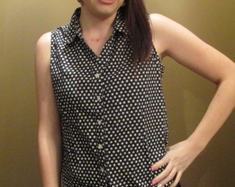 Women's Navy Blue Sleeveless Button Down Shirt w/ White Star Repeating Pattern and Star Shaped Buttons