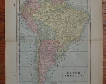 Vintage Original 1899 Cram's Map of South America- Multicolored Map Color Antique Map 1800s