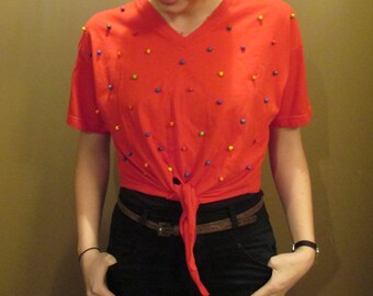 Red Beaded Vintage Crop Top Vee Neck Tee Shirt w/ Ties at Bottom