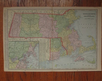 MASSACHUSETTS / RHODE ISLAND Vintage Original 1899 Cram's Map of Massachusetts and Rhode Island- Multicolored Map Color Antique Map 1800s