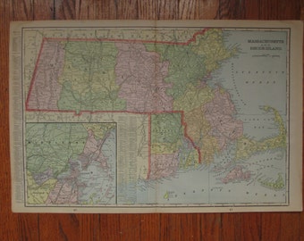 MASSACHUSETTS / RHODE ISLAND Vintage Original 1899 Cram's Map of Massachusetts and Rhode Island- Multicolor Map Color Antique Map 1800s