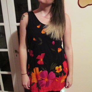 Vintage Black Sleeveless Dress w/ Pink, Orange, and Yellow Floral Print