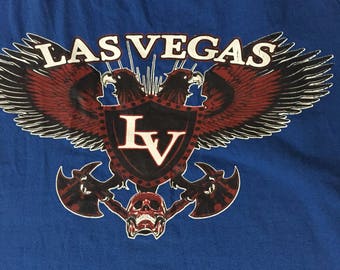 Vintage Blue, Red, and White Las Vegas, Nevada Tank Top / Sleeveless Shirt w/ Eagles, Skull, and Axes Graphic Hardcore Biker Tank Shirt