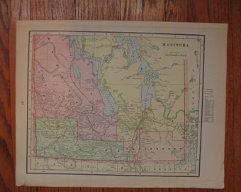 MANITOBA  - Vintage Original 1899 Cram's Map of the Province of Manitoba, Canada- Multicolored Map Color Antique Map 1800s