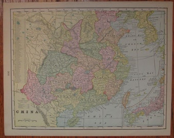 CHINA- Vintage Original 1899 Cram's Map of China- Multicolored Map Color Antique Map 1800s