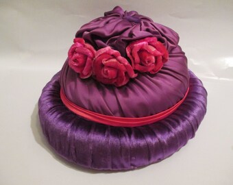 Handmade Vintage Purple Cloche Hat w/ Handmade Pink Roses and Trim