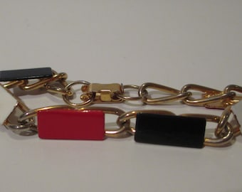 Vintage Red White and Blue Nautical Gold Link Bracelet w/ Rectangle Accents and Clasp