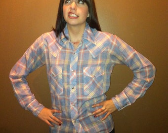 Unisex Vintage Western Style Plaid Button Down Shirt- Pastel Blue / Pink / Yellow- Snap Buttons