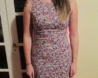 Vintage Tiny Floral Print / Pattern Sleeveless Fitted Dress- Blue, Pink Pattern