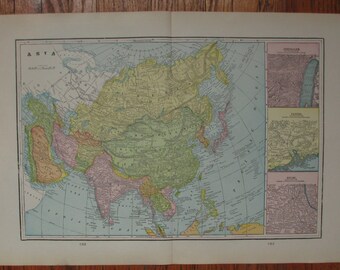 ASIA- Vintage Original 1899 Cram's Map of Asia- Multicolored Map Color Antique Map 1800s