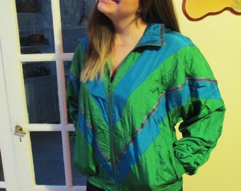 Vintage 90's Green, Teal and Purple Zip Up Jacket w/ Gold Embroidery Detail Zipper Jacket