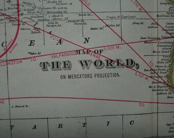 Vintage Original 1899 Cram's Map of the World- Multicolored Map Color Antique Map 1800s