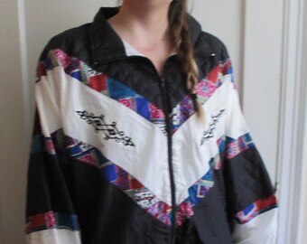 Vintage Funky Black and White Jacket with Colorful Detail Geometric Detail Pattern 80's 90's