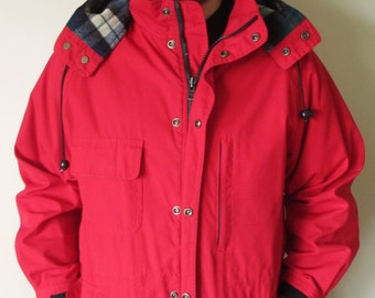 Vintage LIKE NEW Red Eddie Bauer Jacket / Coat w/ Plaid Lining and Detachable Hood