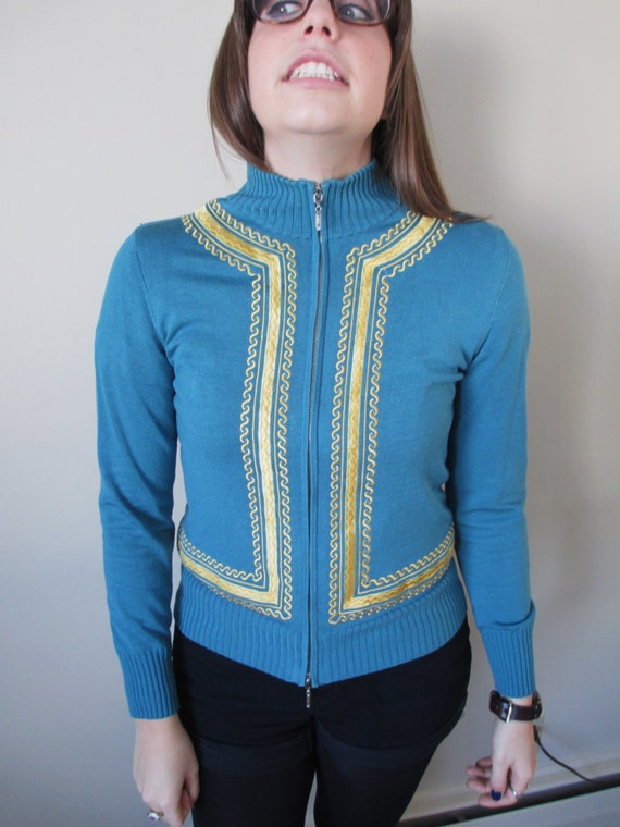 Vintage Teal / Turquoise and Embroidered Metallic 