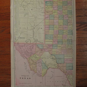 Carte du Vintage originale 1899 Cram de la moitié occidentale de l’état du Texas, USA - multicolore carte couleur Antique carte des années 1800