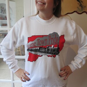 Vintage Crewneck Sweatshirt Crew Neck Sweatshirt White and Red &quot;Home Town Pride&quot; w/ Union City Train Graphic- Trains Sweatshirt