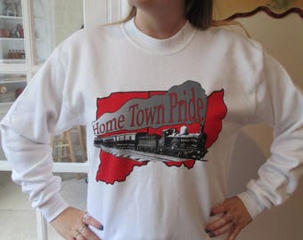 Vintage Crewneck Sweatshirt Crew Neck Sweatshirt White and Red "Home Town Pride" w/ Union City Train Graphic- Trains Sweatshirt