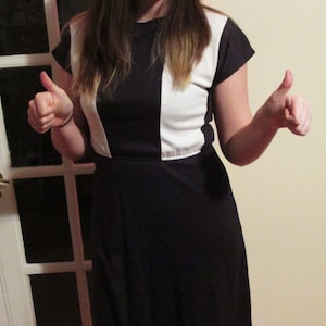 Vintage Short Sleeve Black and White Knee Length Long Vertical Stripe Dress