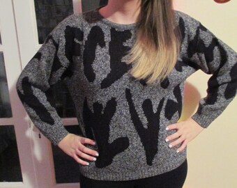 Vintage Black White and Static Gray Grey Pullover Knit Sweater w/ Black Pattern