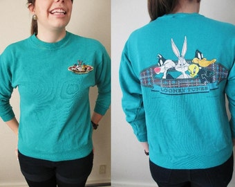 Vintage Teal Green Looney Tunes Crewneck Sweatshirt w/ Patch- Front and Back Detail- Sylvester, Daffy Duck, Bugs Bunny, Tweety Bird