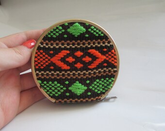 Vintage Brown, Green, and Orange Knit Zipper Compact / Pocket Mirror with Geometric Pattern and Zipper