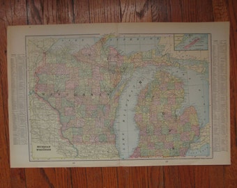 MICHIGAN / WISCONSIN Vintage Original 1899 Cram's Map of the states of Michigan and Wisconsin, USA- Multicolored Map Color Antique Map 1800s