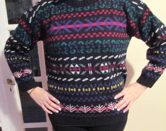 Vintage Black Pullover Sweater w/ Multicolor 80's Geometric Pattern Print Stripes