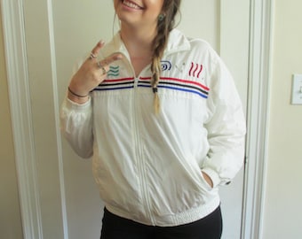 Vintage White Zip Up Jacket w/ Multicolor Vibrant Geometric Pattern and Stripes