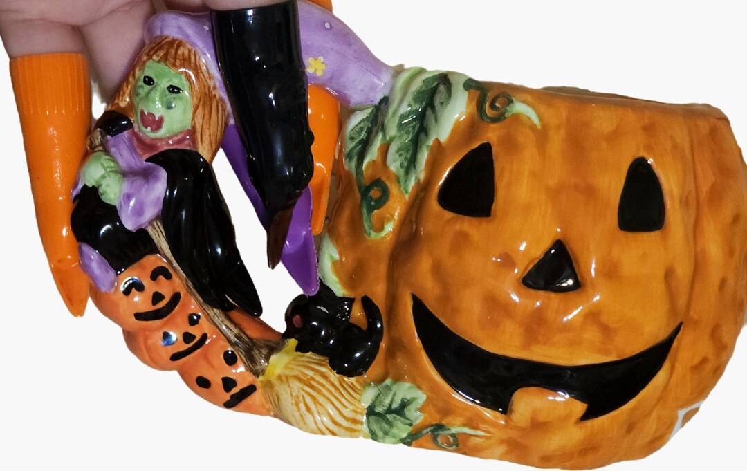 Vintage Jack O Lantern Witch Handle Black Cat Ceramic Coffee Mug as is ...
