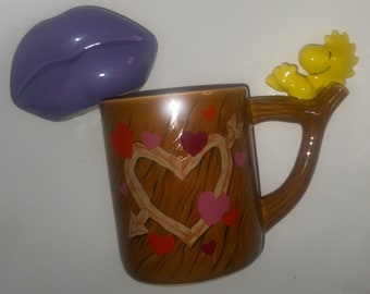 Vintage 1970's Woodstock Peanuts Charlie Brown Tree Branch Brown Coffee Mug Cup by Teleflora 1972 Handpainted Collectible Heart & Arrow