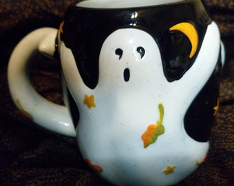 90s Susan Winget Certified International Halloween Ghost Ceramic Coffee Mug 22 oz 3D Ghost Tea Cup Fall Leaves Speckled Spooky PreOwned VTG