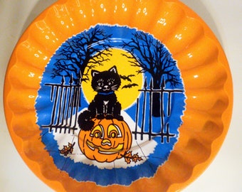 VTG Orange Halloween Scalloped Plastic Kitschy Black Cat JackoLantern Candy Dish Tray Serving Bowl Decor Party Dish 1995 Reusable Tableware