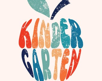 May include: A vintage-style apple design featuring the word "KINDERGARTEN" in distressed, multi-coloured lettering. The apple is in shades of red, orange, blue, and green, with a textured appearance. The bottom of the image has the text "COMMERCIAL USE PNG FILE".