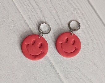 Smiley Face Dangle Earrings | Polymer Clay, Silver Hoops